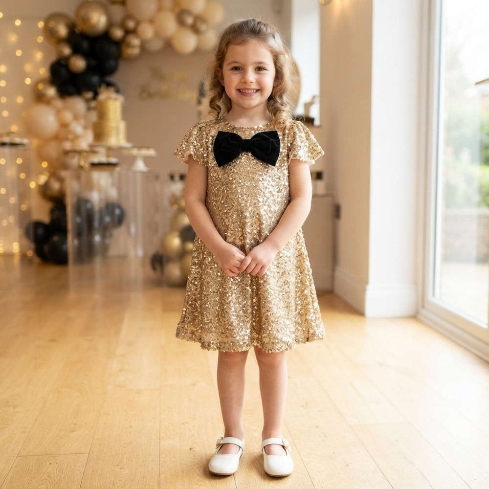 Zara Sequin Dress Kids Size 6 Gold Excellent Velvet Bow Holiday Glam